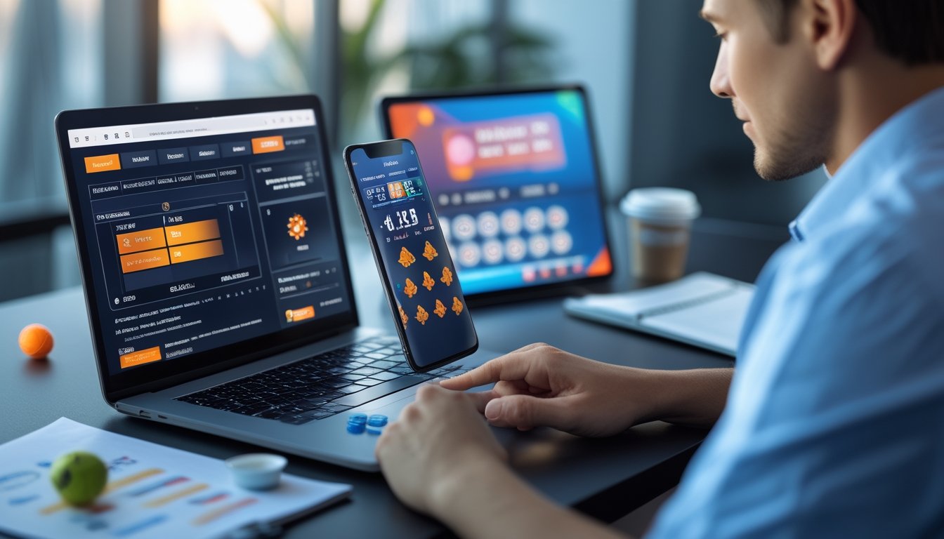 Penggemar olahraga meninjau beberapa pertandingan melalui laptop, ponsel, dan tablet di meja kerja modern.