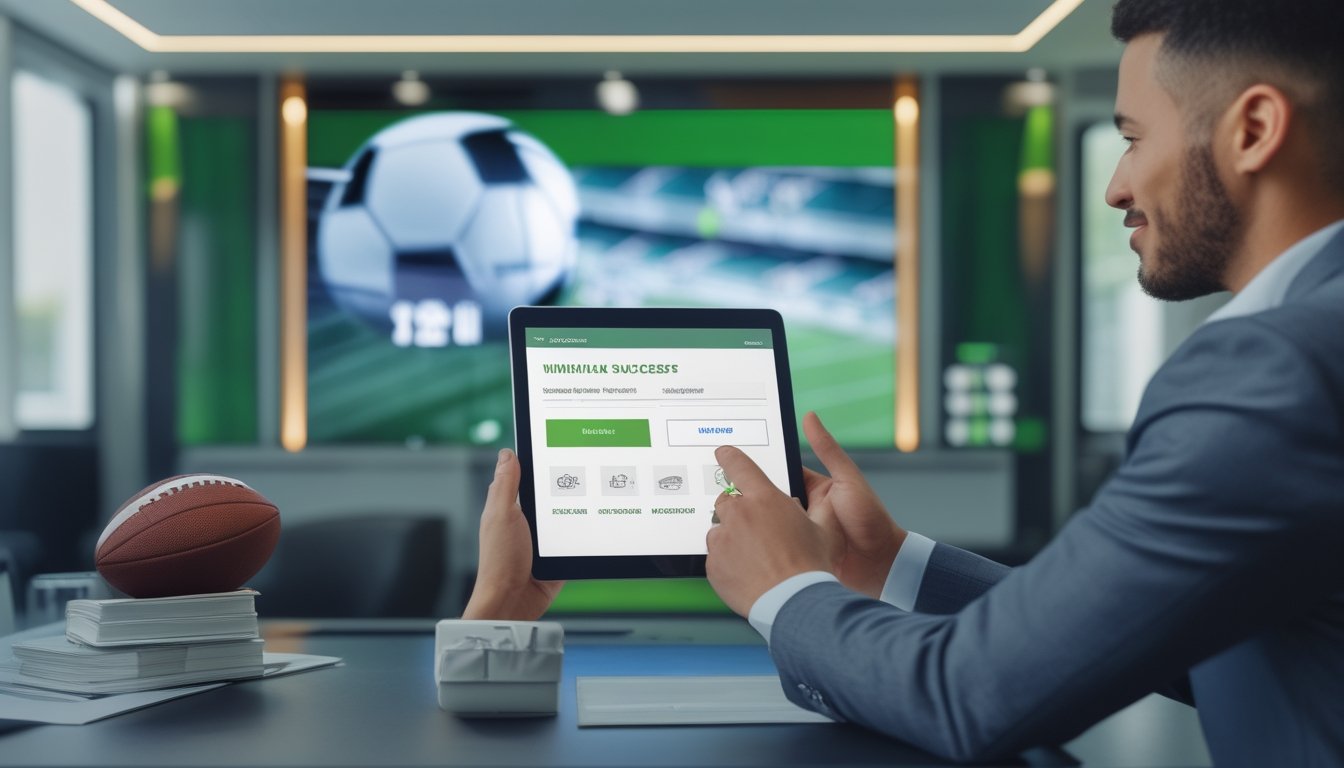 Seorang pelanggan dan petugas layanan profesional meninjau pembayaran kemenangan taruhan sepak bola di ruang modern.
