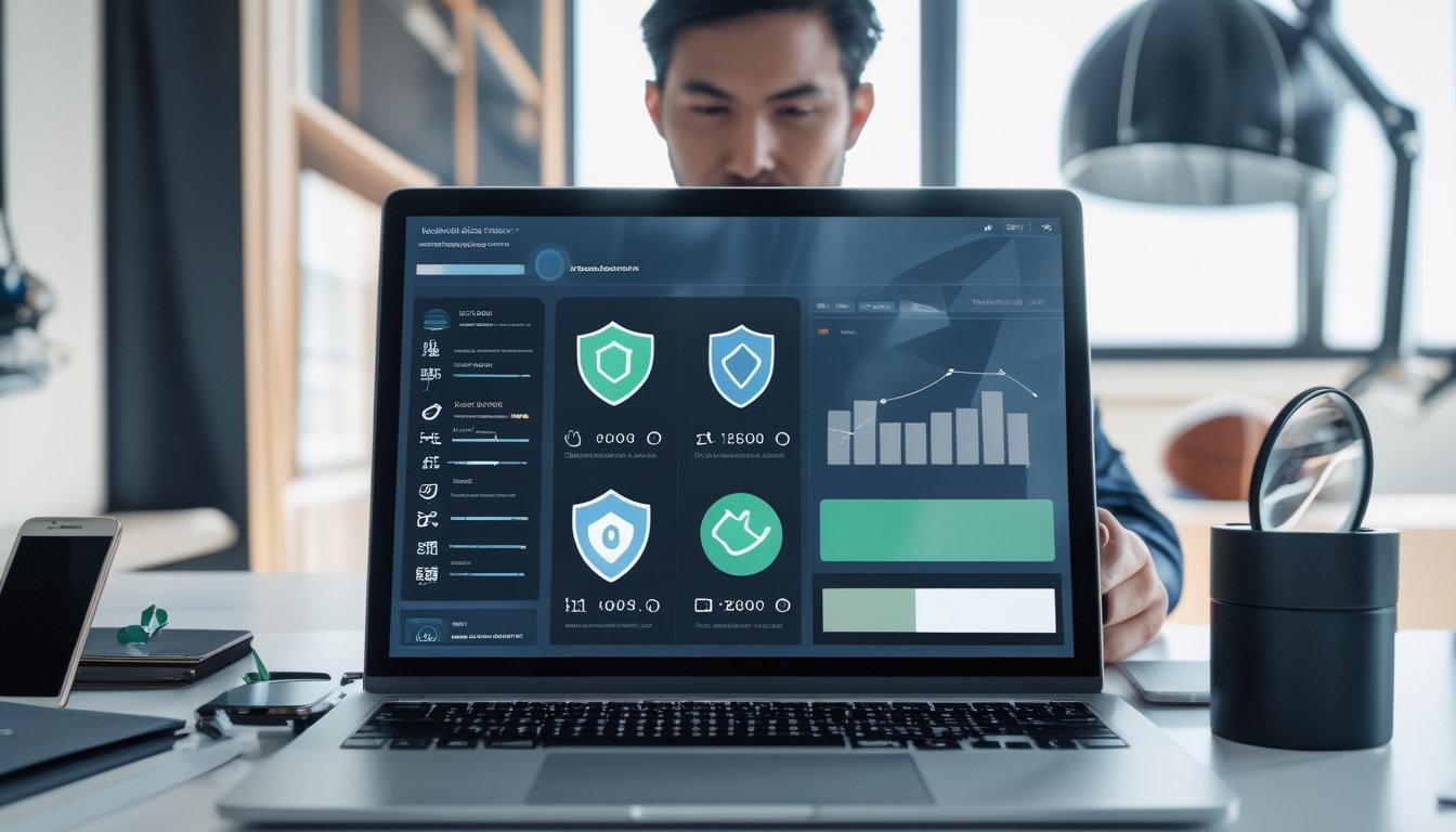 Seorang analis dewasa memeriksa keamanan dan kredibilitas platform olahraga daring menggunakan laptop di ruang kerja modern.