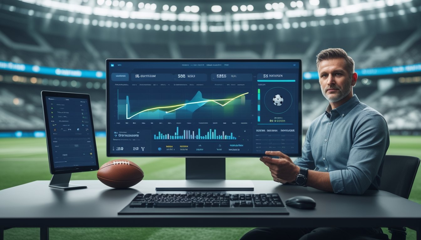 Pengguna menganalisis data pertandingan sepak bola di ruang kerja modern dengan layar digital dan bola di meja.