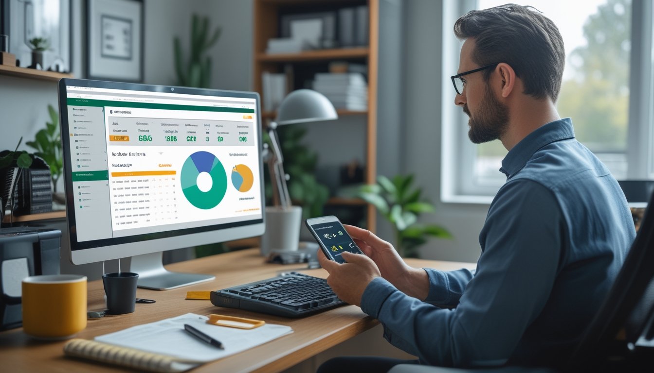 Seorang analis olahraga meninjau statistik pertandingan melalui laptop dan ponsel di ruang kerja modern.