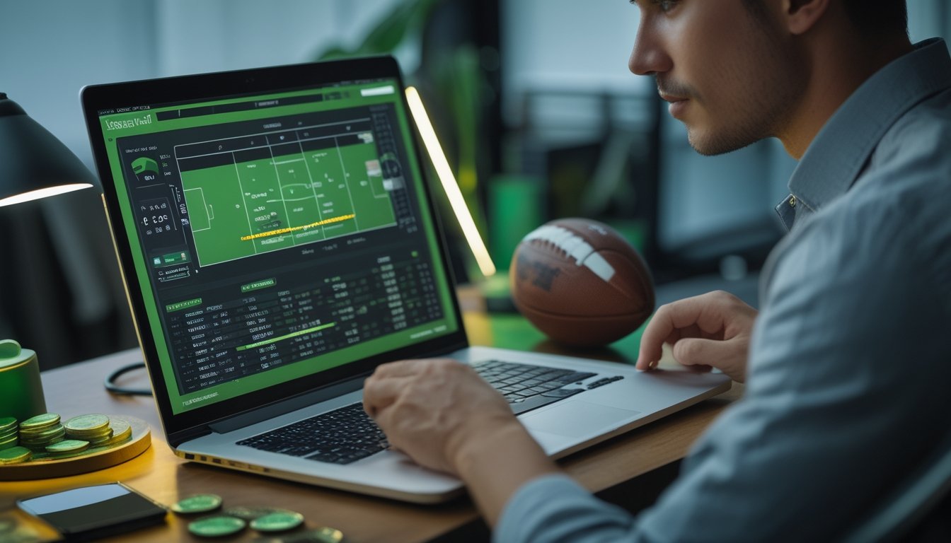Seseorang menganalisis pertandingan sepak bola di meja kerja dengan laptop, ponsel, bola, dan beberapa koin.