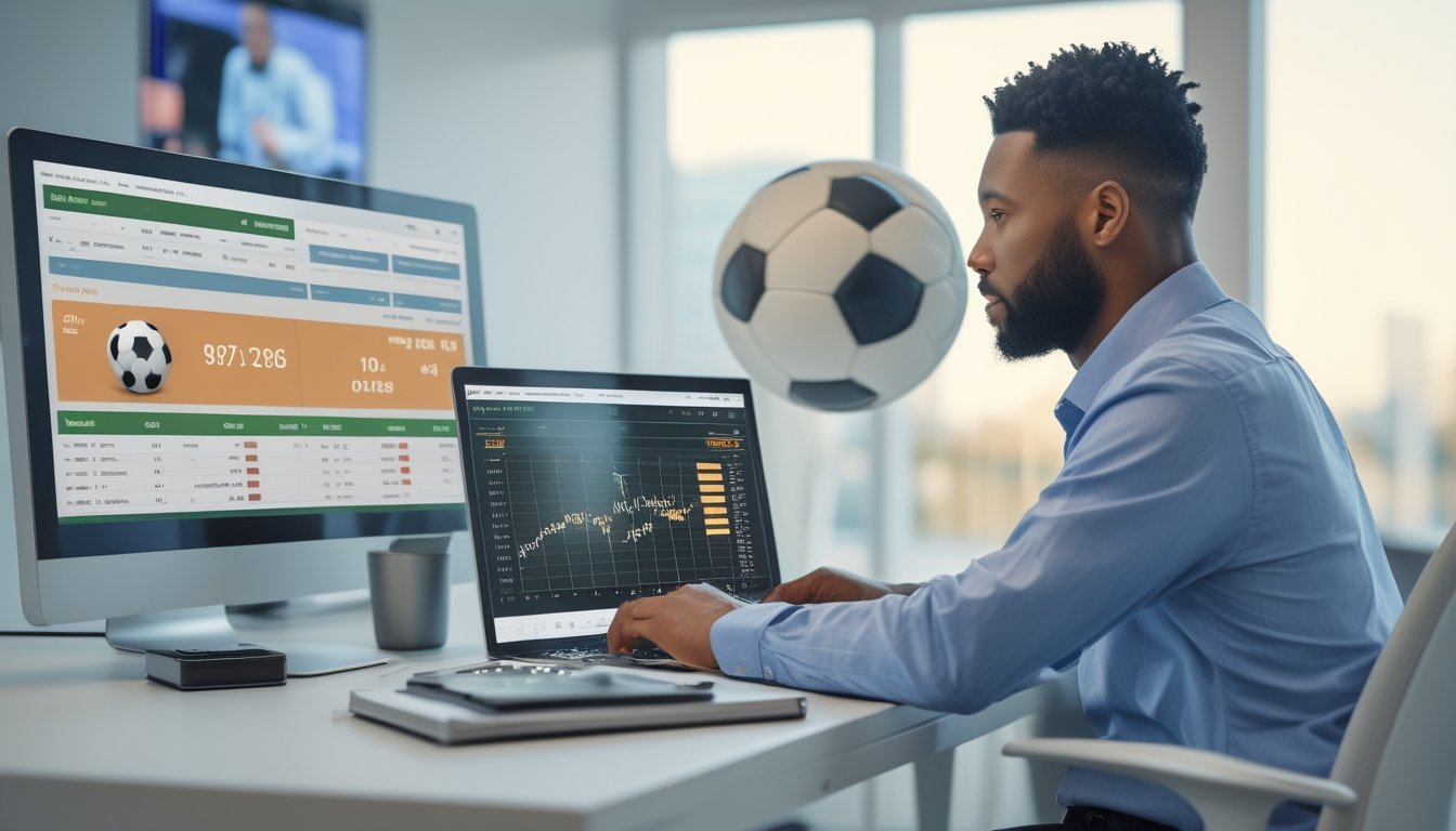 Orang dewasa menganalisis statistik pertandingan sepak bola di laptop dengan bola sepak dan catatan anggaran di meja.