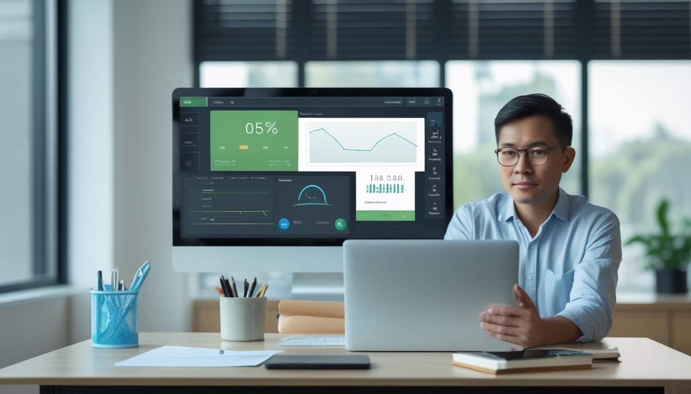 Seseorang meninjau analisis olahraga pada laptop dan ponsel di meja kerja modern.