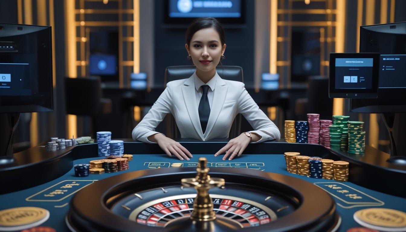 Dealer profesional memandu permainan roulette di studio kasino live yang modern dan tertata.