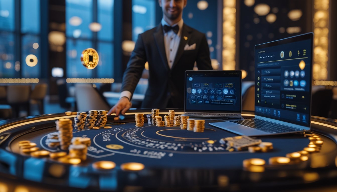 Croupier menyambut pemain di meja kasino modern dengan roda roulette, kartu, dan keping taruhan.