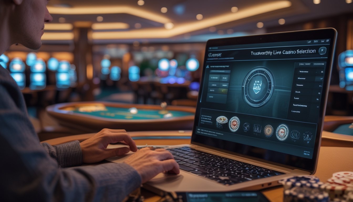 Seorang dewasa melihat permainan kasino live di laptop dalam suasana kasino modern yang elegan.