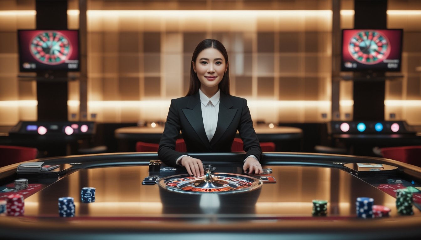 Seorang dealer kasino menghadapi meja permainan dengan kartu, roda roulette, dan keping taruhan di ruangan kasino modern.