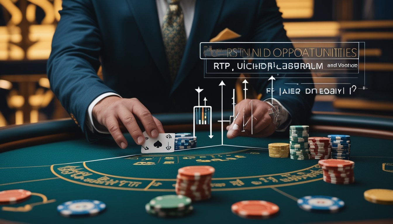 Dealer menyajikan kartu di meja kasino dengan chip dan elemen visual analisis peluang.