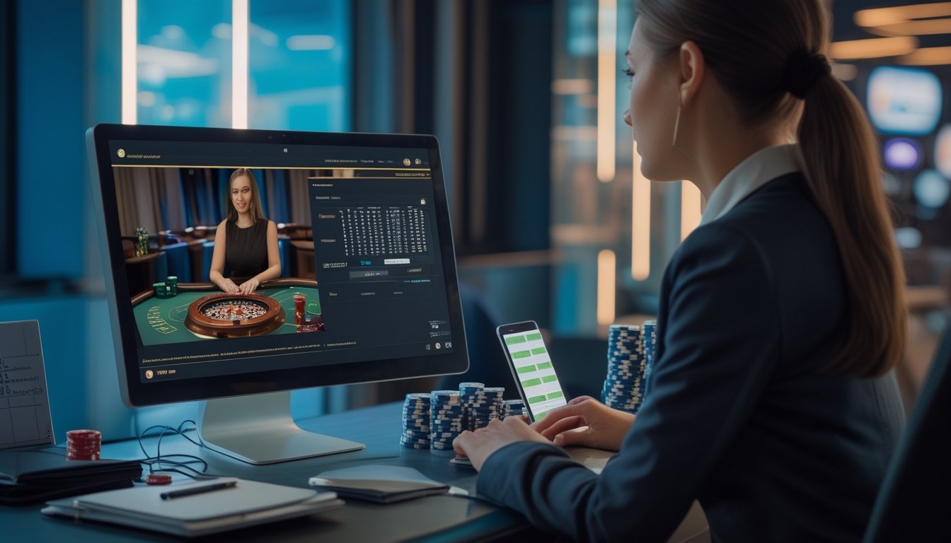 Seorang pemain dewasa melihat permainan kasino langsung di laptop dengan dealer, kartu, roda roulette, chip, dan catatan strategi di meja.