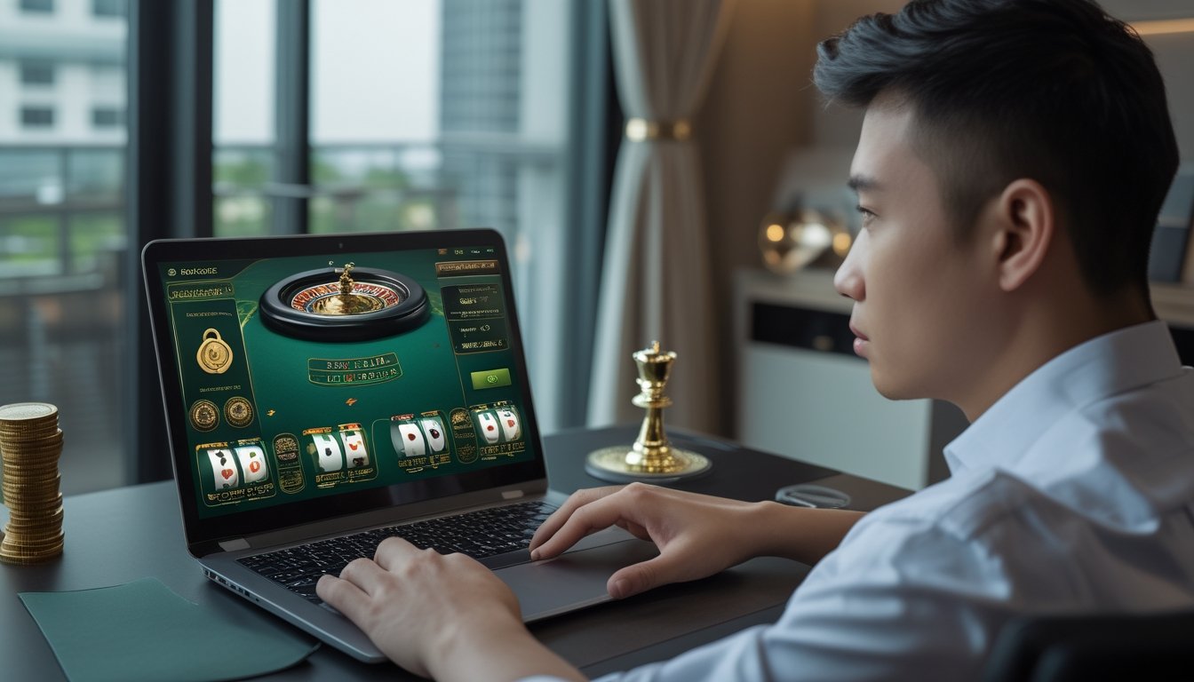 Seorang pemain dewasa meninjau pilihan permainan kasino live di perangkat digital dengan simbol keamanan dan lisensi.