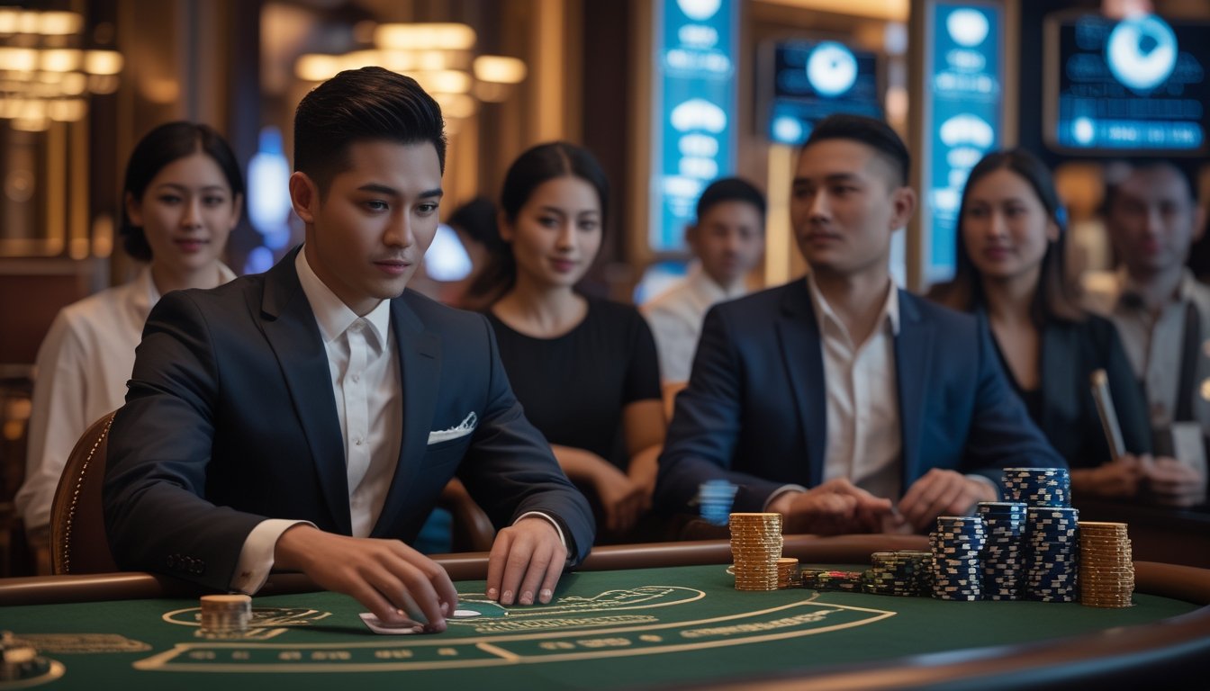 Dealer kasino membagikan kartu di meja permainan dengan beberapa pemain yang memperhatikan.