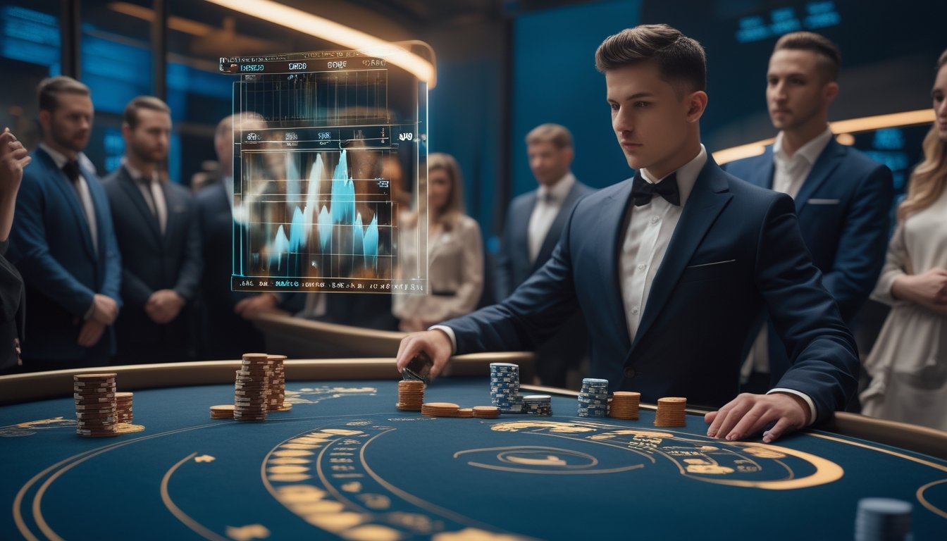 Dealer profesional memandu permainan kasino langsung sementara pemain mengamati kartu, chip, dan grafik analisis.