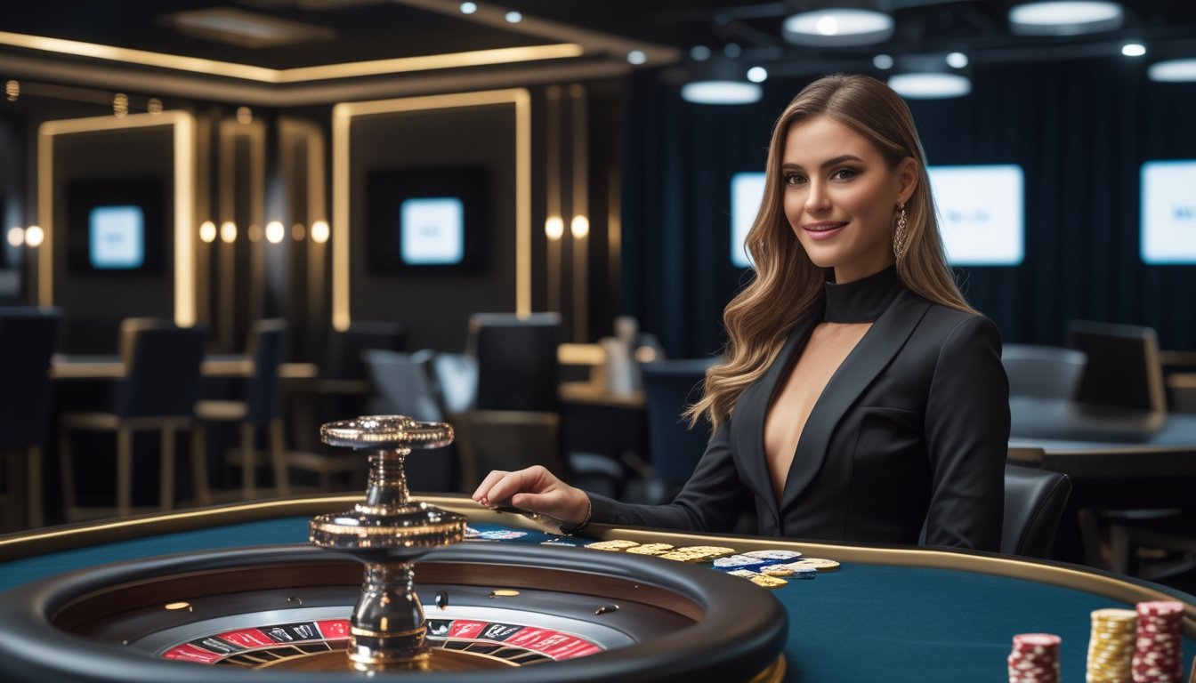 Dealer live memandu permainan roulette di studio kasino online yang mewah dengan meja dan keping kasino.