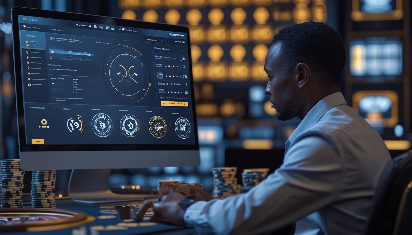 Analis dewasa meninjau dashboard keamanan dan transparansi platform kasino live di ruang kerja modern.