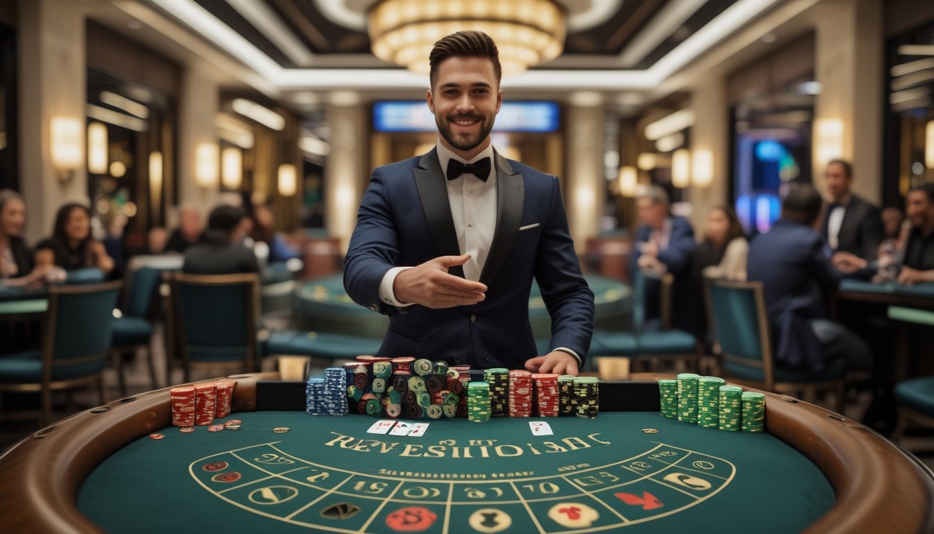 Suasana kasino modern dengan meja permainan, kartu, chip, roda roulette, dealer, dan beberapa pemain dewasa.