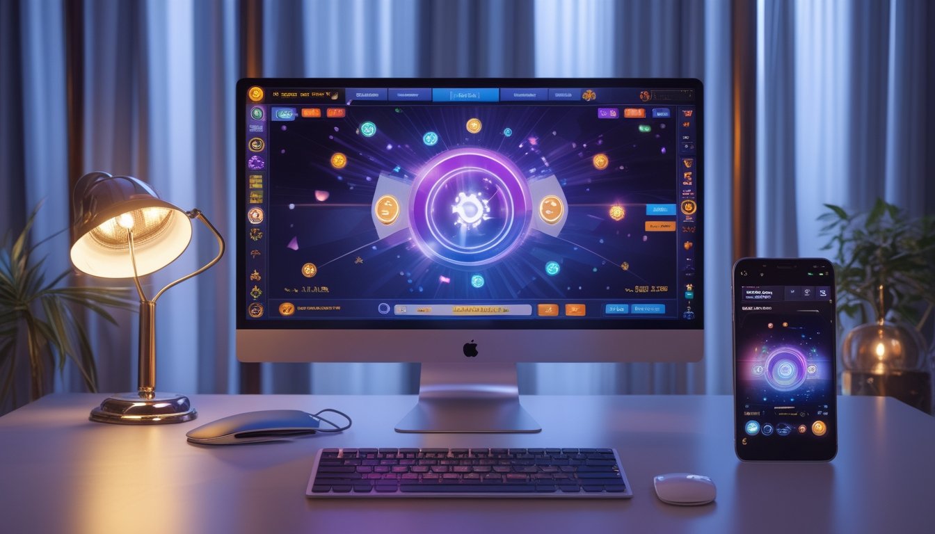Meja kerja modern dengan monitor dan ponsel yang menampilkan antarmuka permainan digital abstrak.