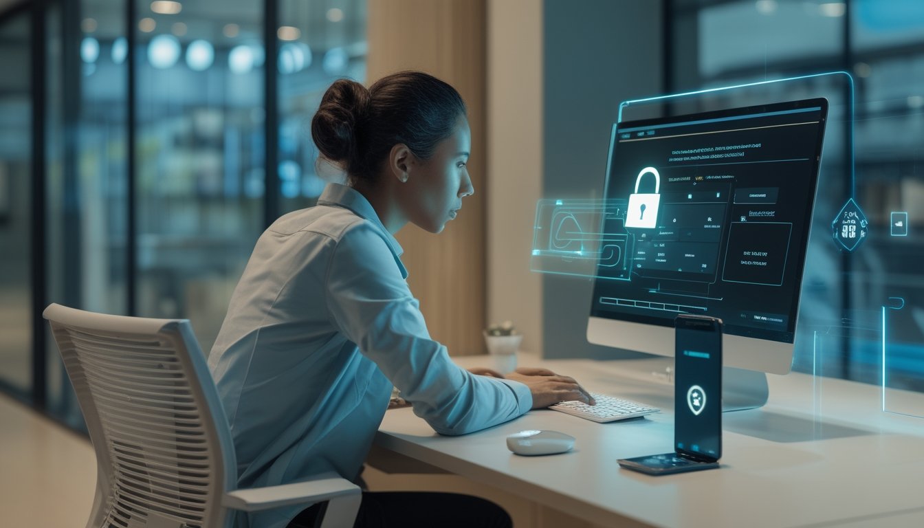 Seseorang menggunakan laptop untuk mengakses platform digital dengan verifikasi keamanan melalui ponsel.