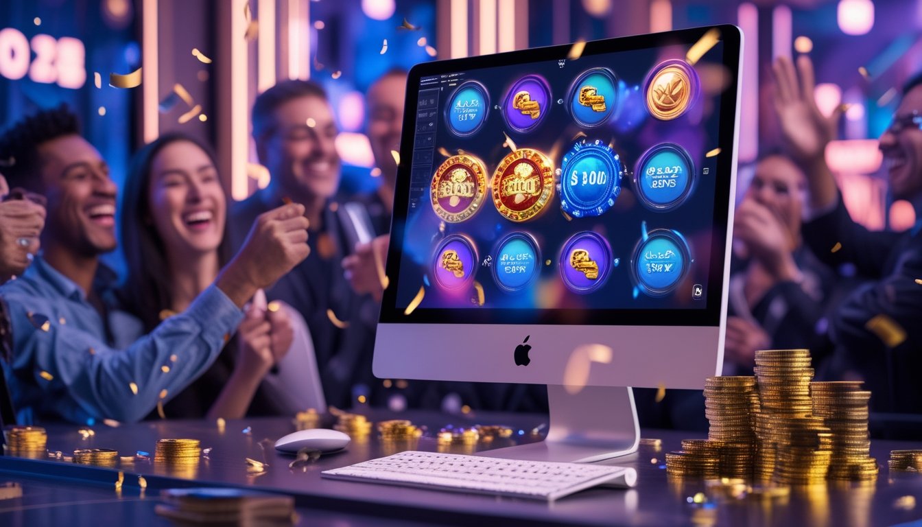 Sekelompok orang dewasa merayakan permainan kasino digital di dekat komputer dan ponsel dengan efek cahaya warna-warni.