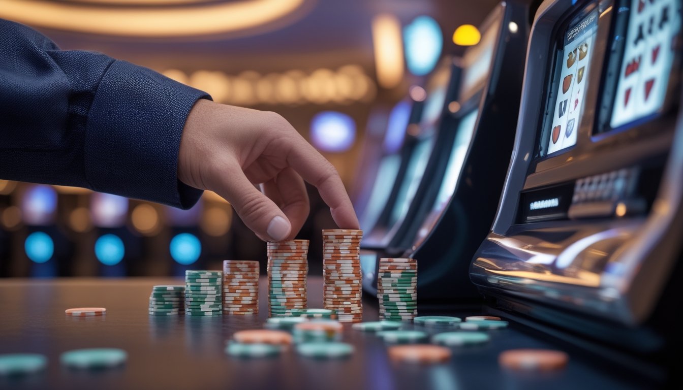 Tangan orang dewasa meletakkan beberapa keping chip di samping mesin slot di ruang kasino.