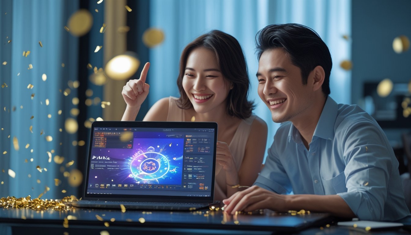 Sepasang orang dewasa tersenyum merayakan sesi permainan online di ruangan hiburan modern.