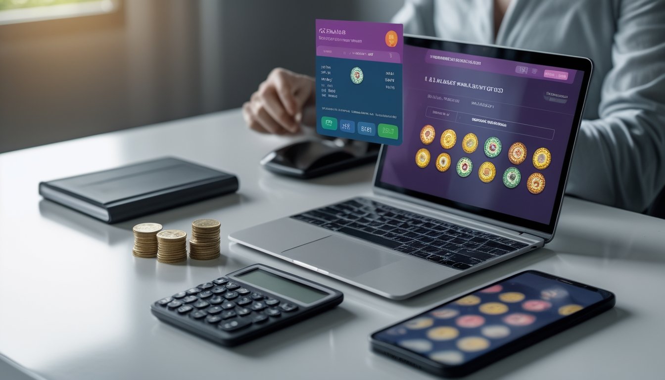 Seseorang menggunakan laptop dengan tampilan permainan digital dan dompet elektronik di meja kerja.
