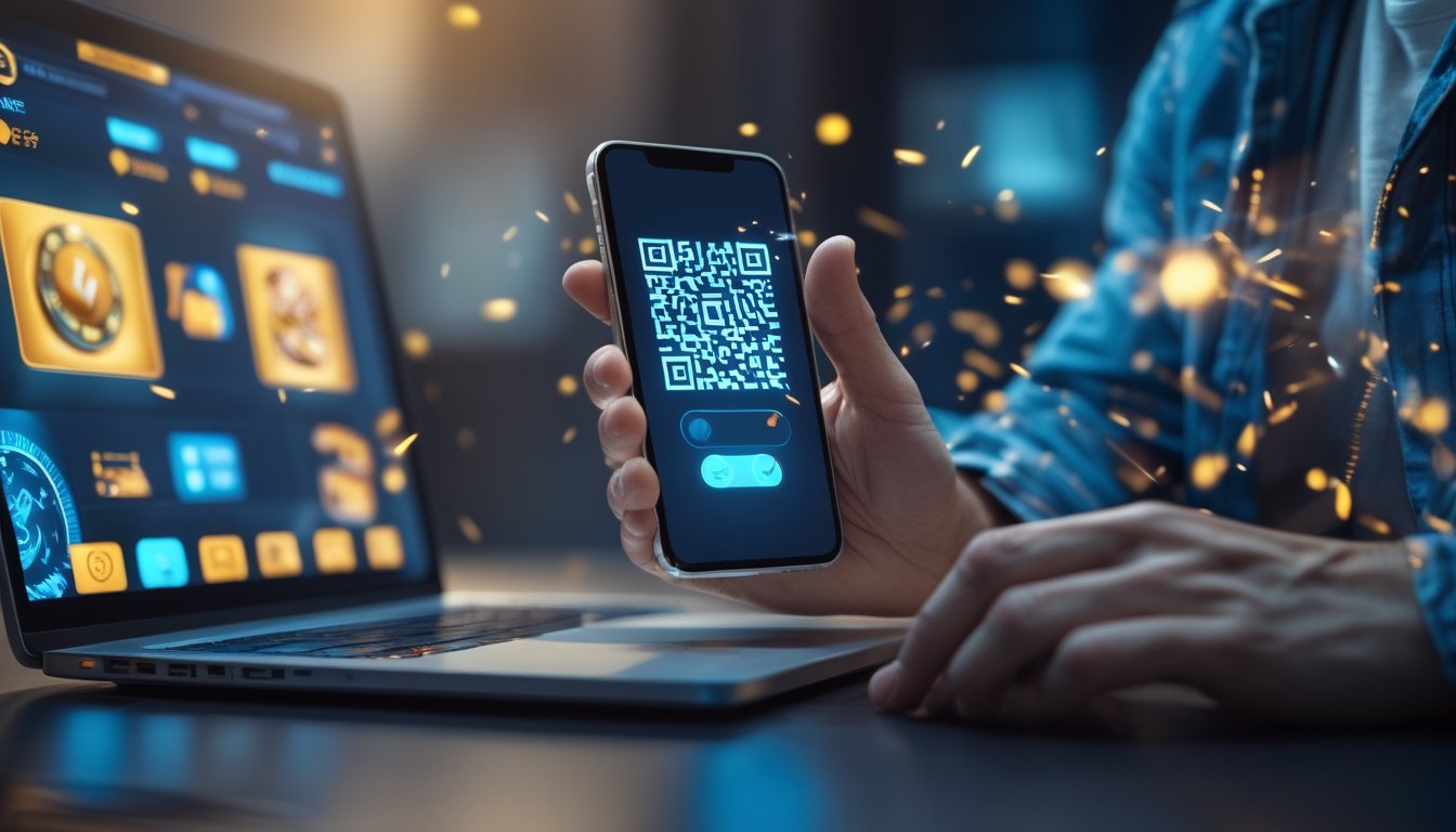 Seseorang melakukan pembayaran digital melalui ponsel dengan suasana teknologi modern dan elemen permainan abstrak.