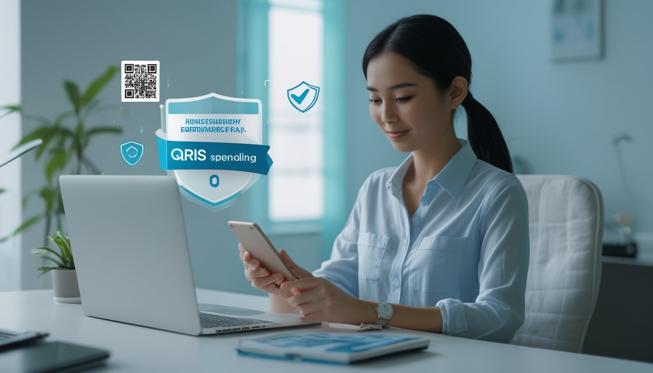 Seseorang memeriksa pembayaran digital yang aman melalui laptop dan ponsel di ruang kerja yang terang.