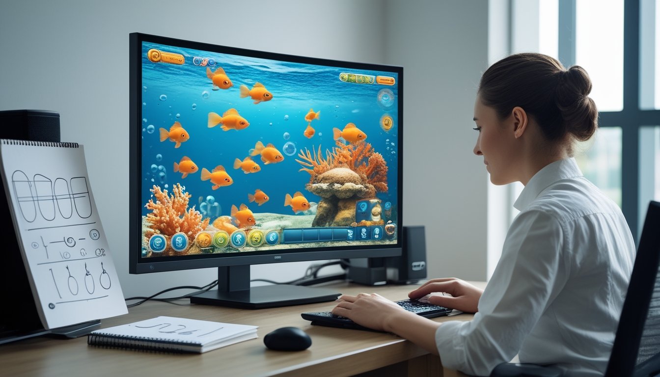 Seseorang memainkan permainan tembak ikan bertema bawah laut di komputer dengan catatan strategi di sampingnya.