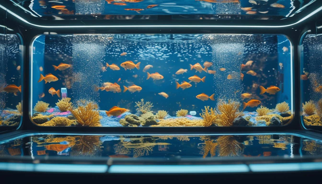 Akuarium futuristis berisi ikan mas berwarna emas dengan gelembung dan cahaya biru keemasan.