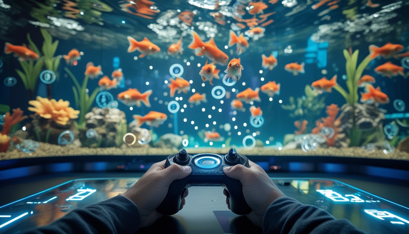 Pemain menggunakan pengontrol untuk menembak ikan berwarna-warni pada layar permainan bawah air.