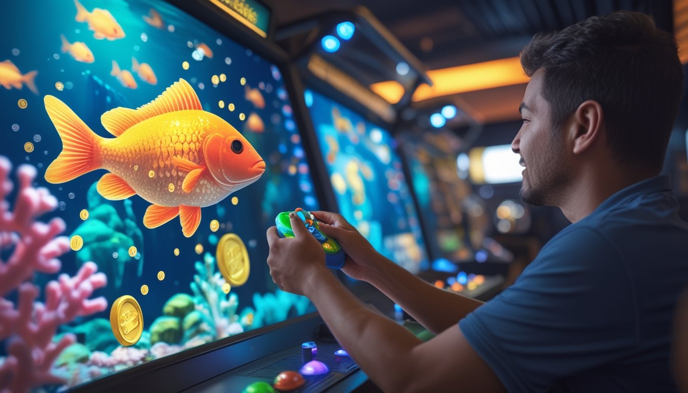 Seorang pemain dewasa membidik ikan mas bercahaya pada layar permainan arcade bertema bawah laut.