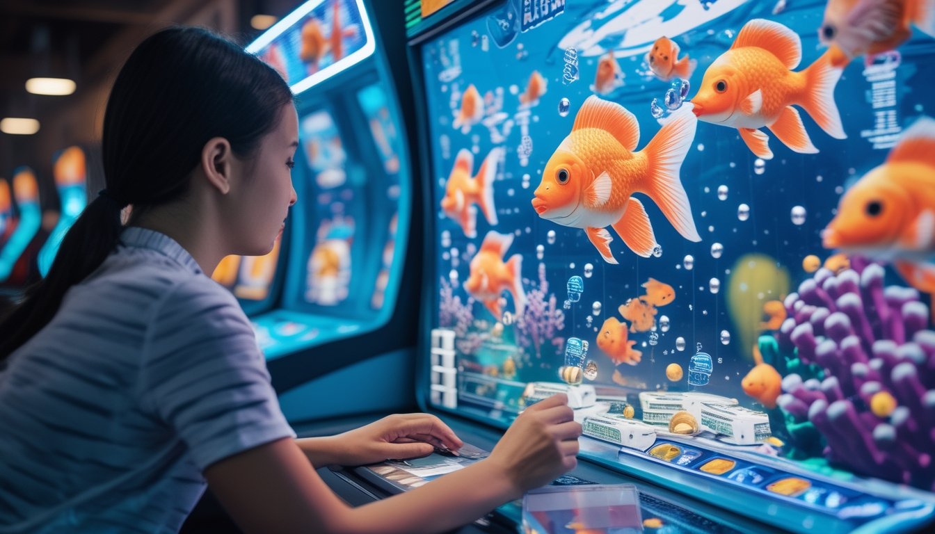 Orang dewasa mengamati permainan tembak ikan bertema bawah laut di mesin arkade.