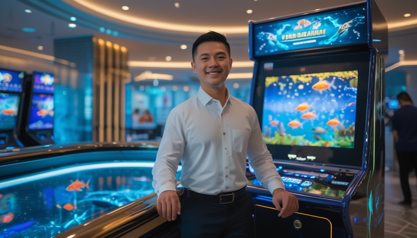 Seorang pria berdiri di samping mesin permainan bertema ikan dengan tampilan akuarium bercahaya di ruang hiburan modern.
