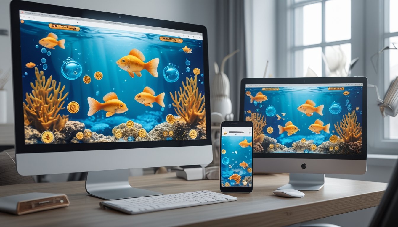 Monitor dan ponsel menampilkan permainan ikan mas bawah laut berwarna-warni di ruang kerja modern.