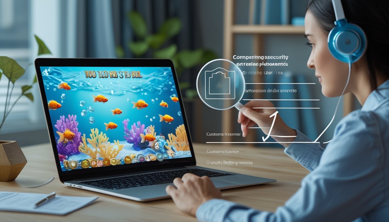 Seseorang memeriksa kredibilitas platform permainan ikan digital menggunakan laptop, kaca pembesar, dan simbol keamanan.