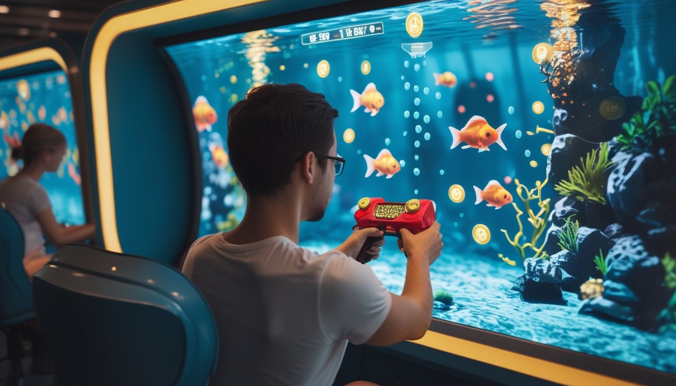 Seorang pemain mengendalikan permainan arcade bertema bawah laut dengan ikan mas berwarna cerah dan efek kemenangan.