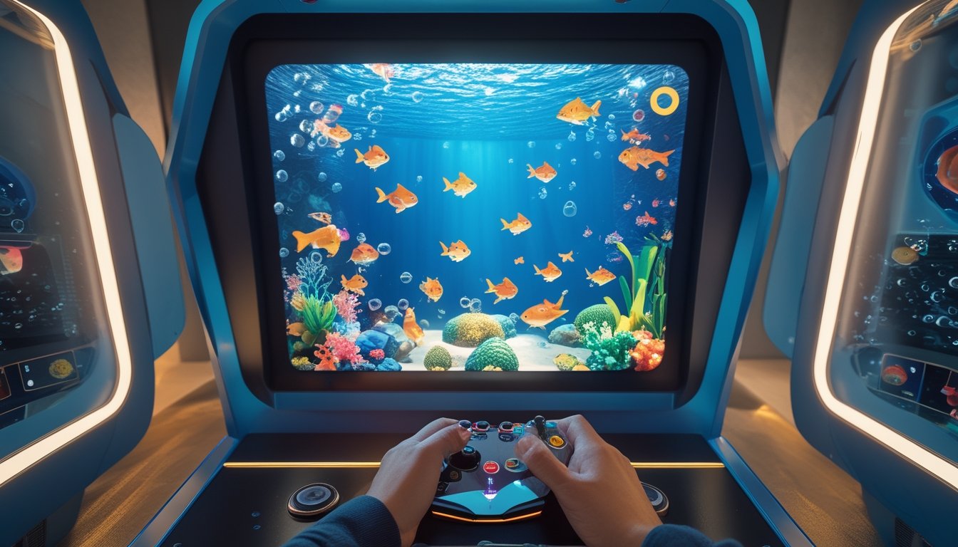 Tangan pemain mengarahkan pengendali arcade ke layar bawah laut dengan berbagai ikan dan sasaran bercahaya.