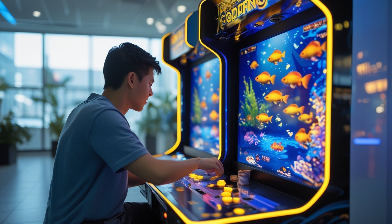 Pemain menggunakan mesin permainan ikan dengan tampilan ikan berwarna-warni di layar.