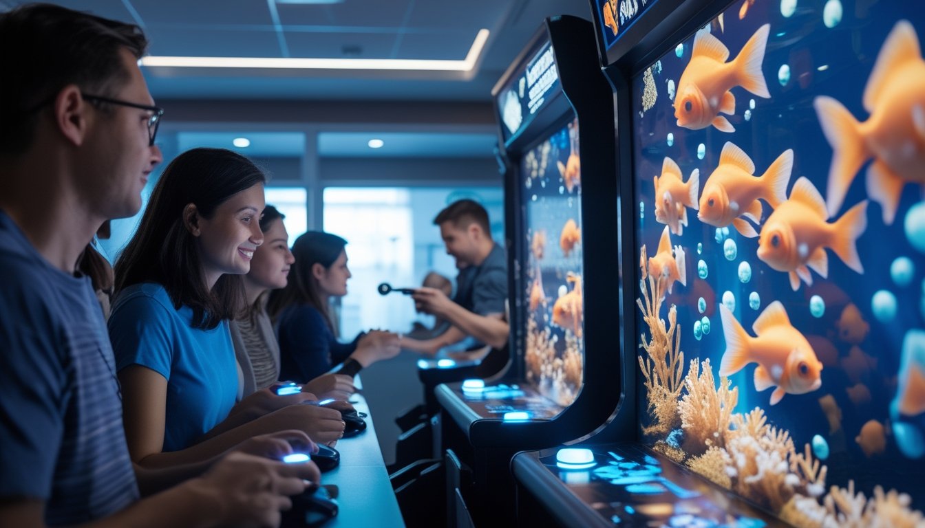 Orang dewasa bermain permainan tembak ikan bertema goldfish di sebuah tempat hiburan modern.