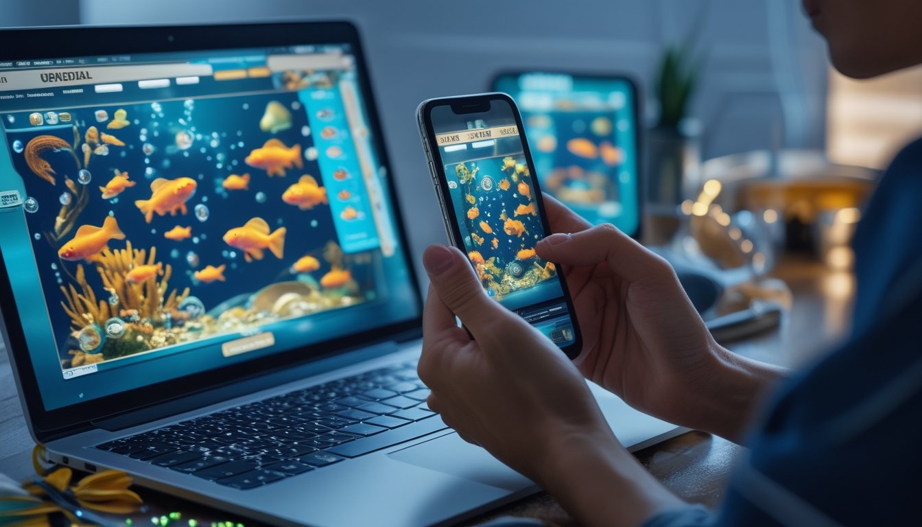 Seseorang memainkan permainan tembak ikan bergambar ikan mas melalui perangkat digital.