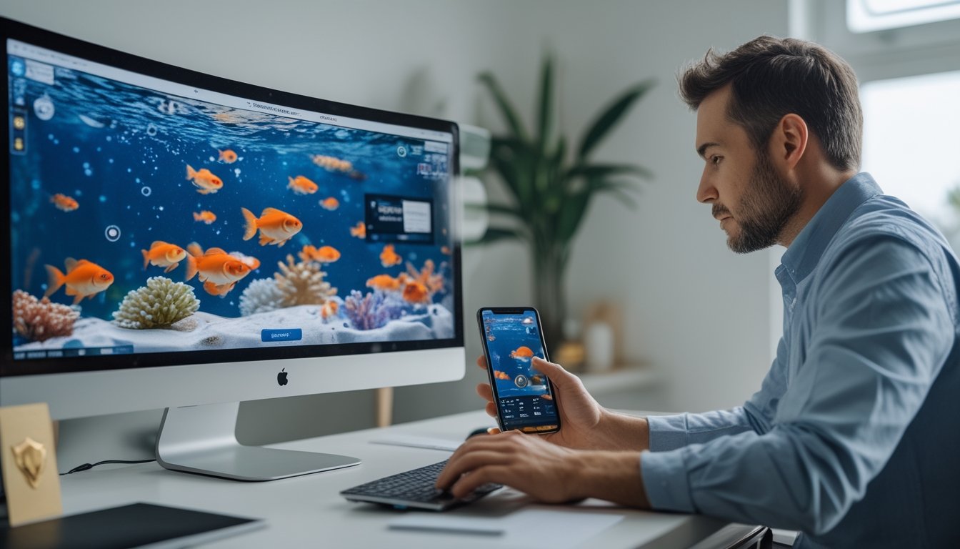 Seseorang membandingkan platform permainan tembak ikan bertema ikan mas pada komputer dan ponsel di ruang kerja modern.