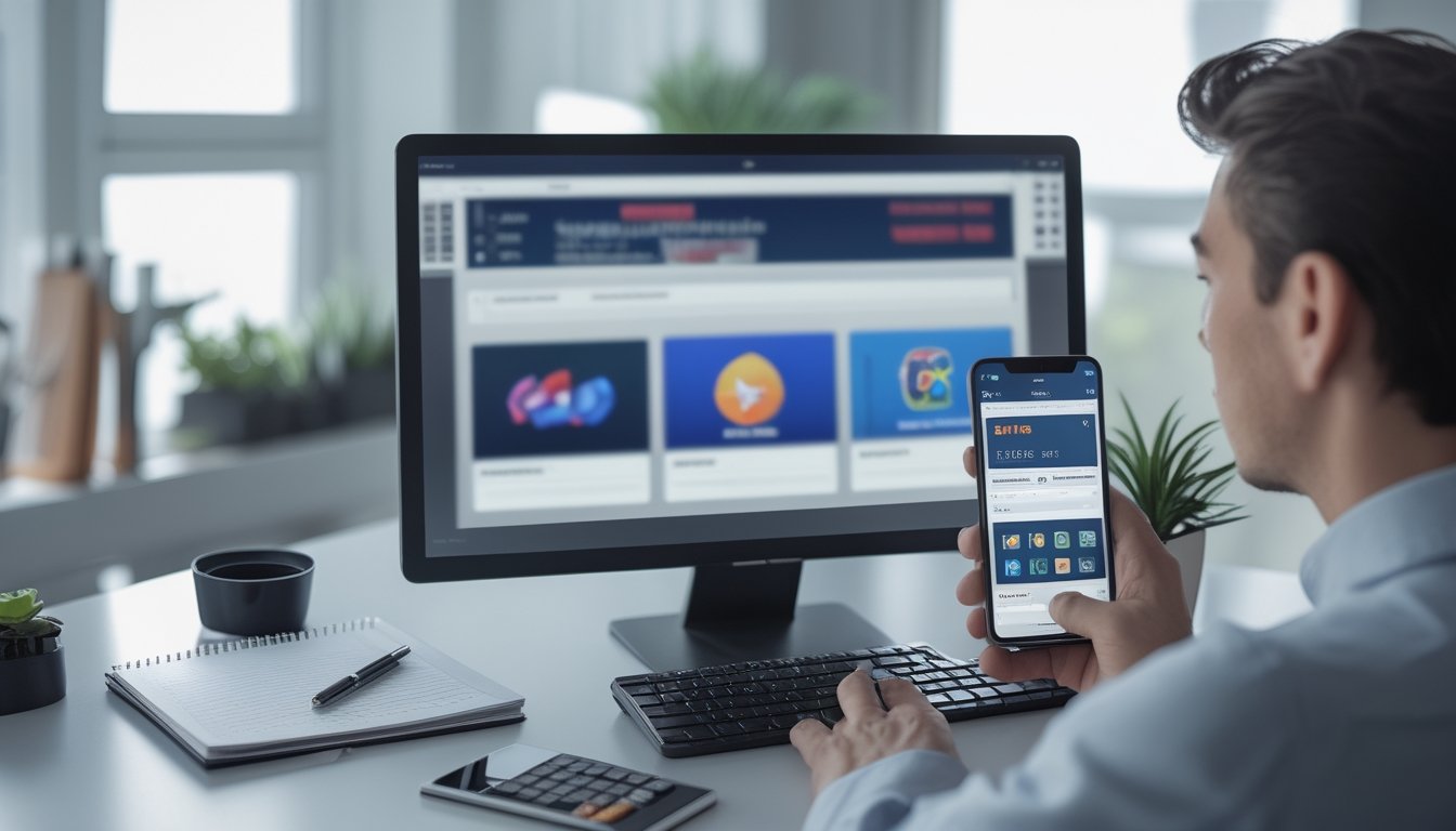 Orang dewasa sedang membandingkan beberapa platform hiburan digital di meja kerja dengan laptop, ponsel, buku catatan, dan kalkulator.