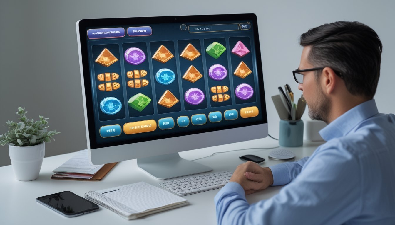 Seseorang mempelajari tampilan permainan slot digital di meja kerja dengan notebook dan kalkulator.