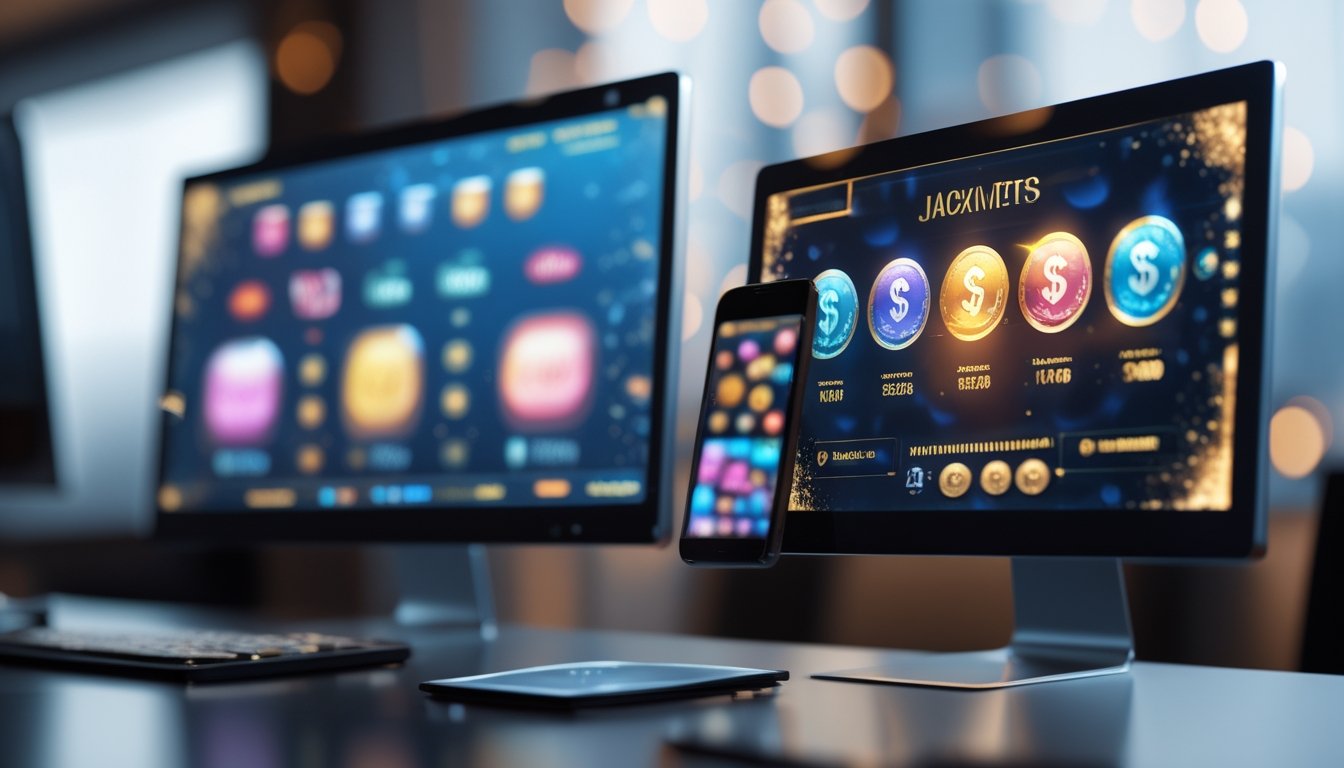Monitor dan ponsel menampilkan visual permainan jackpot bercahaya di atas meja modern.