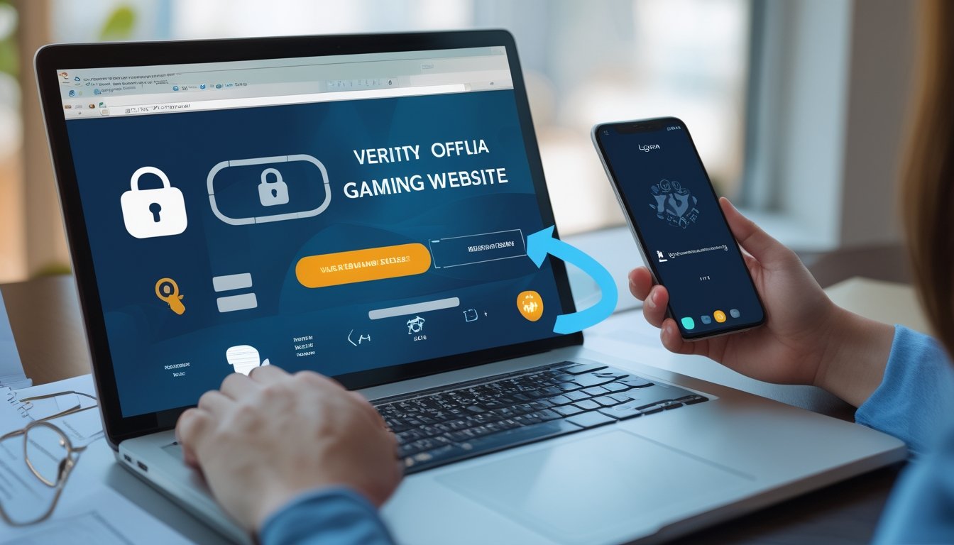 Seseorang memeriksa keamanan situs web di laptop dan ponsel dengan simbol perisai serta tanda verifikasi.