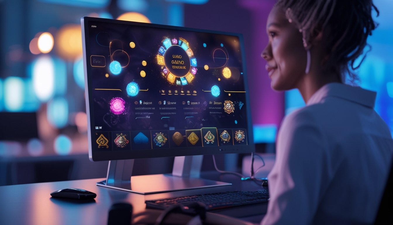 Seseorang menggunakan komputer dengan tampilan permainan digital bercahaya di ruangan modern.
