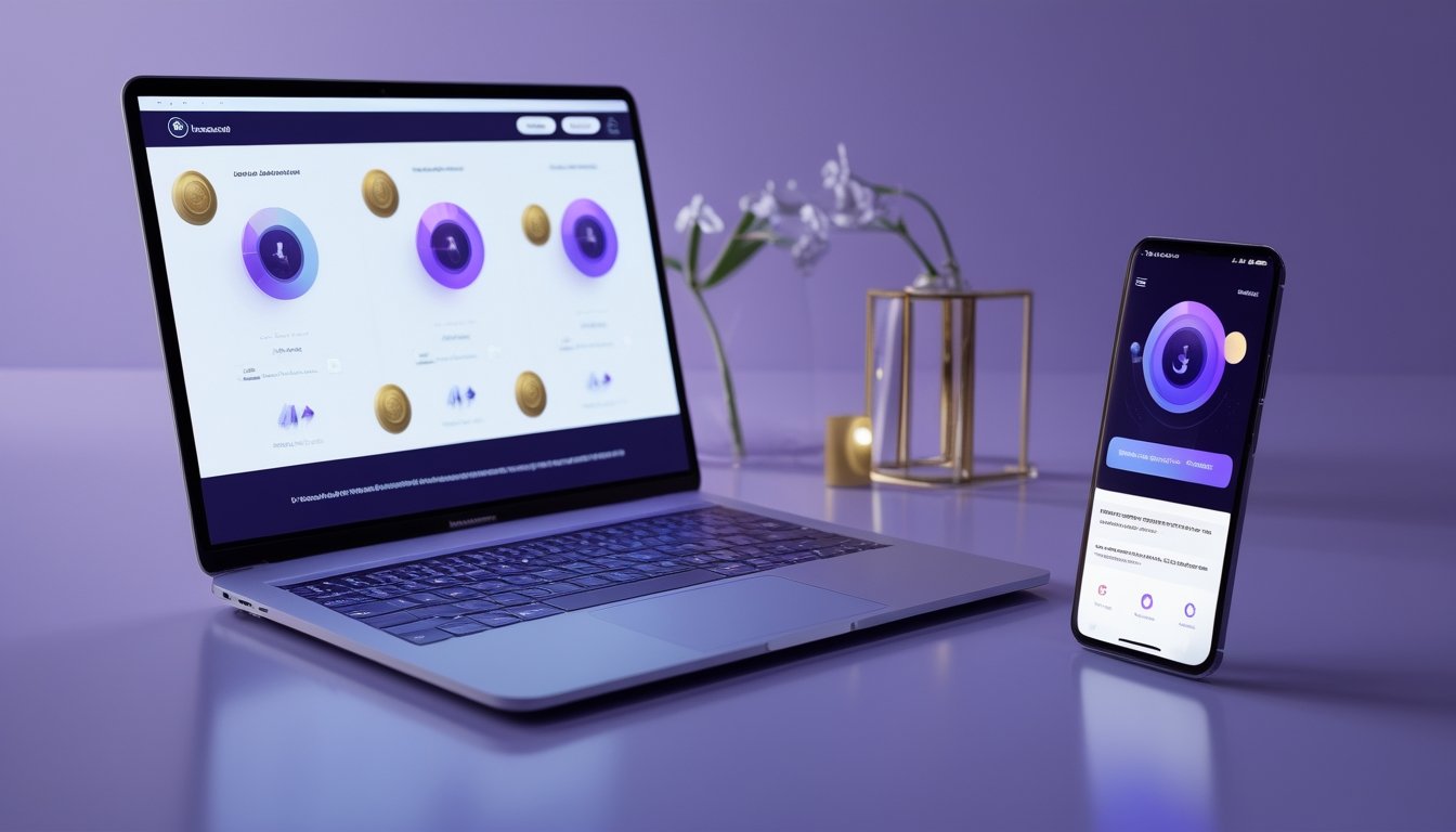 Laptop dan ponsel menampilkan antarmuka hiburan digital modern di atas meja dengan pencahayaan biru dan ungu.