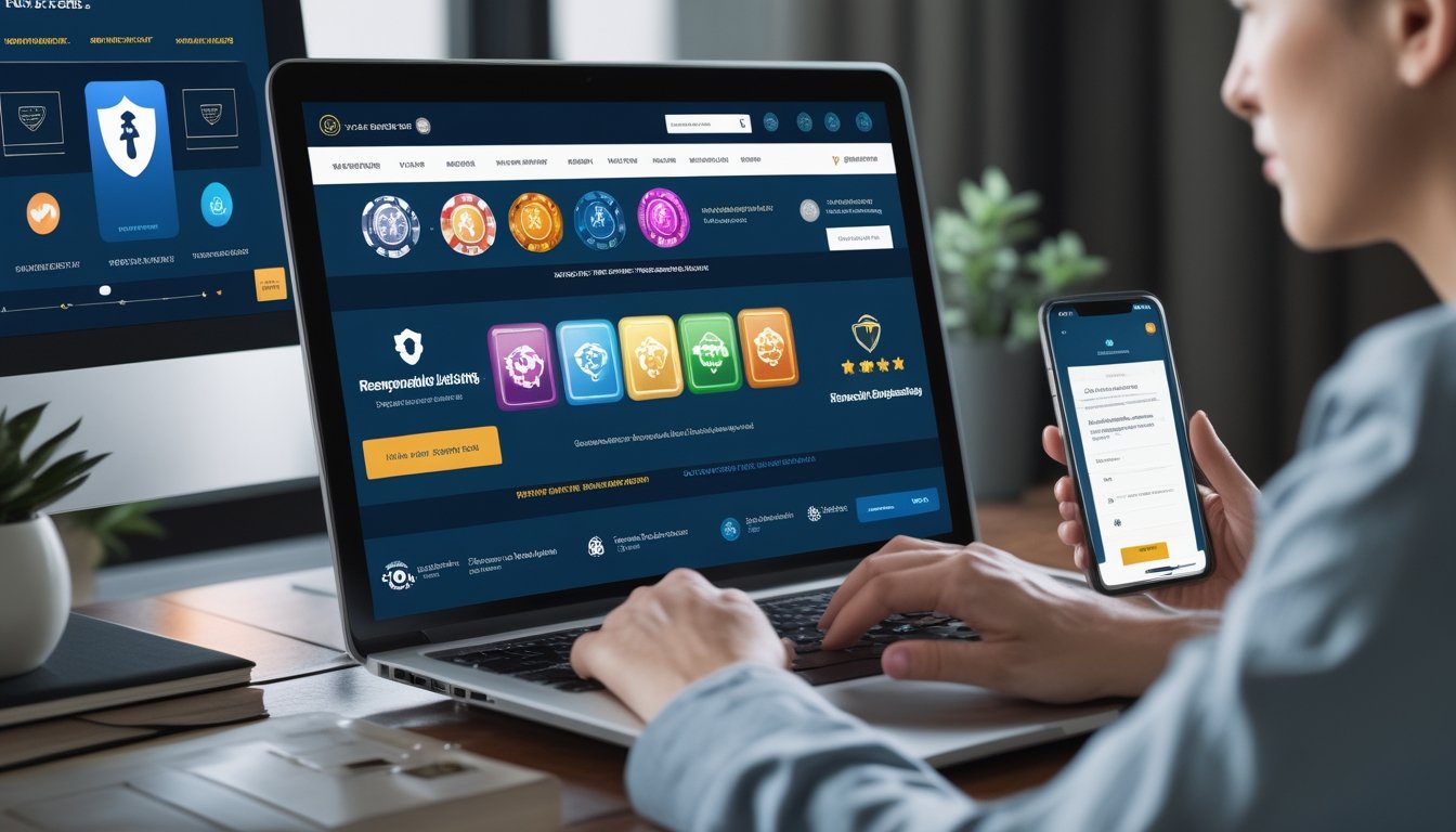 Seseorang meninjau platform permainan slot daring dengan tanda keamanan dan verifikasi di ruang kerja modern.