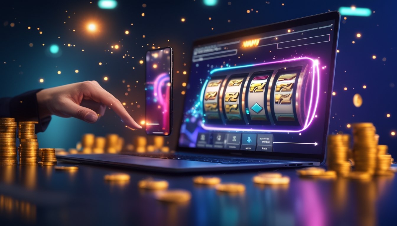 Perangkat digital menampilkan permainan slot bercahaya dengan efek kemenangan di atas meja pada malam hari.